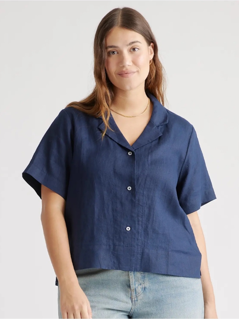 Quince Linen Navy Short-Sleeve Button-Front Shirt